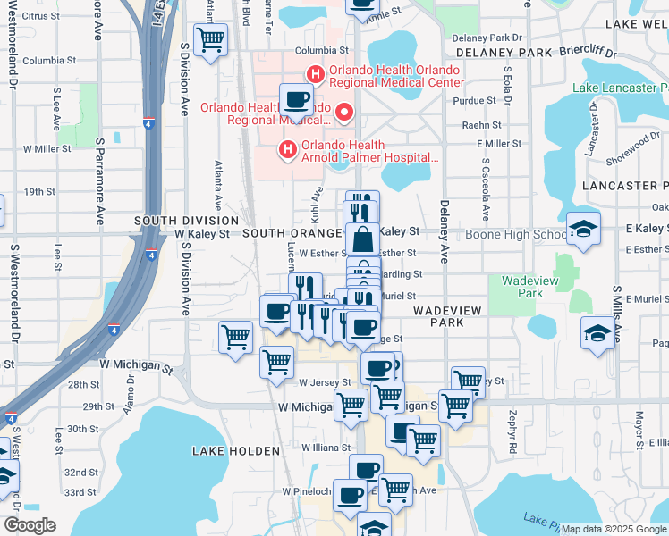 map of restaurants, bars, coffee shops, grocery stores, and more near 32 West Harding Street in Orlando