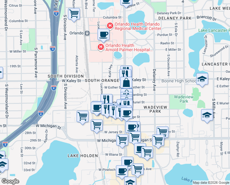 map of restaurants, bars, coffee shops, grocery stores, and more near 32 West Harding Street in Orlando