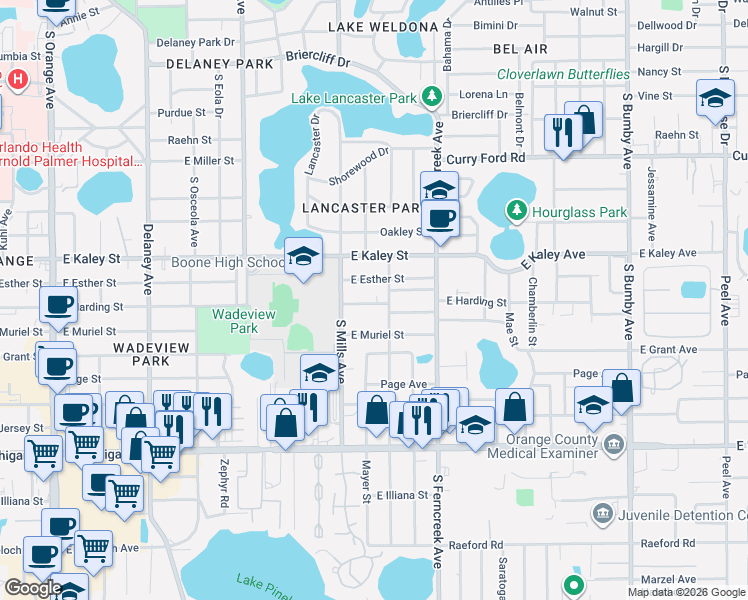 map of restaurants, bars, coffee shops, grocery stores, and more near 1225 East Muriel Street in Orlando