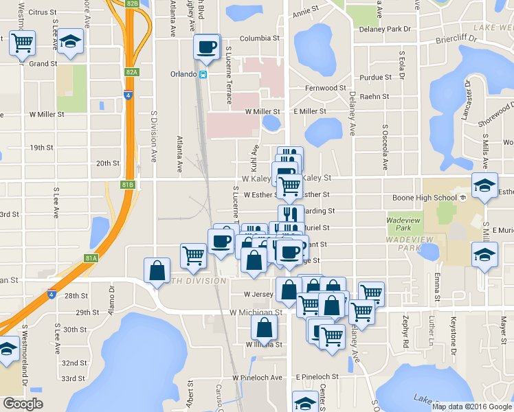 map of restaurants, bars, coffee shops, grocery stores, and more near 32 West Harding Street in Orlando