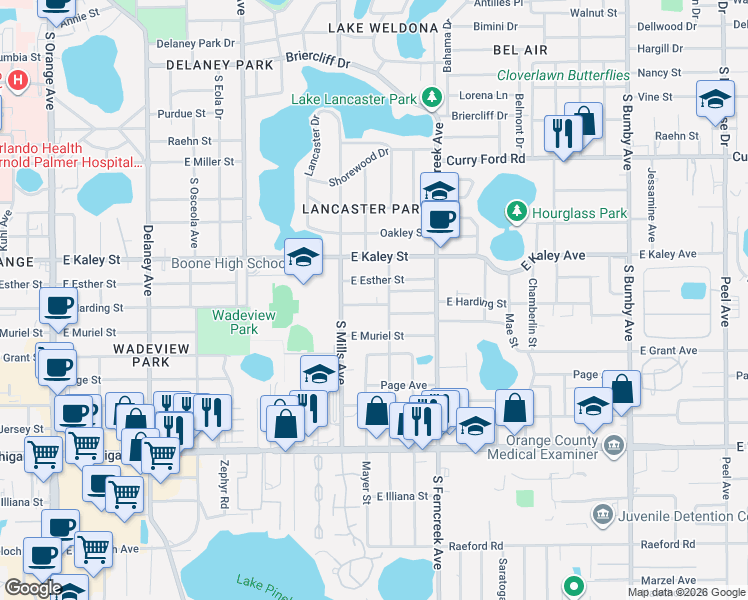 map of restaurants, bars, coffee shops, grocery stores, and more near 1225 East Muriel Street in Orlando