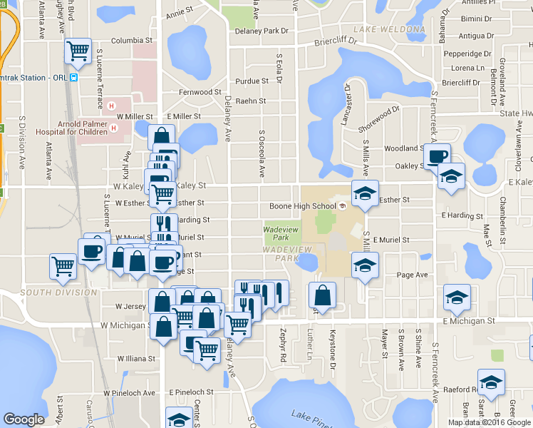 map of restaurants, bars, coffee shops, grocery stores, and more near 511 East Harding Street in Orlando