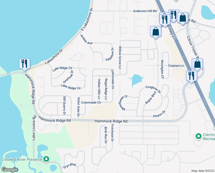 map of restaurants, bars, coffee shops, grocery stores, and more near 11730 Regal Ridge Lane in Clermont