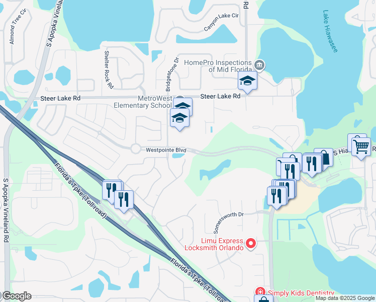 map of restaurants, bars, coffee shops, grocery stores, and more near 7380 Westpointe Boulevard in Orlando