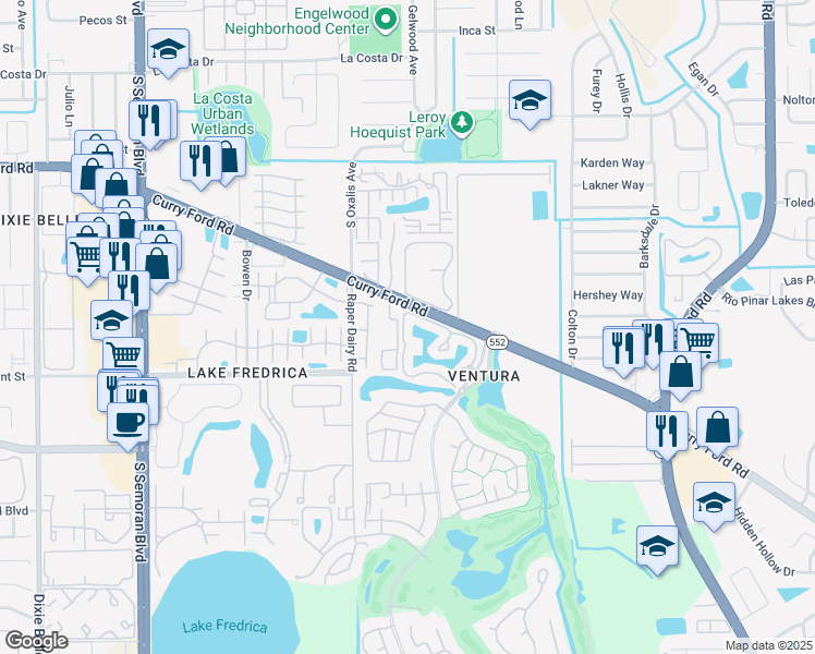 map of restaurants, bars, coffee shops, grocery stores, and more near 6128 Curry Ford Road in Orlando