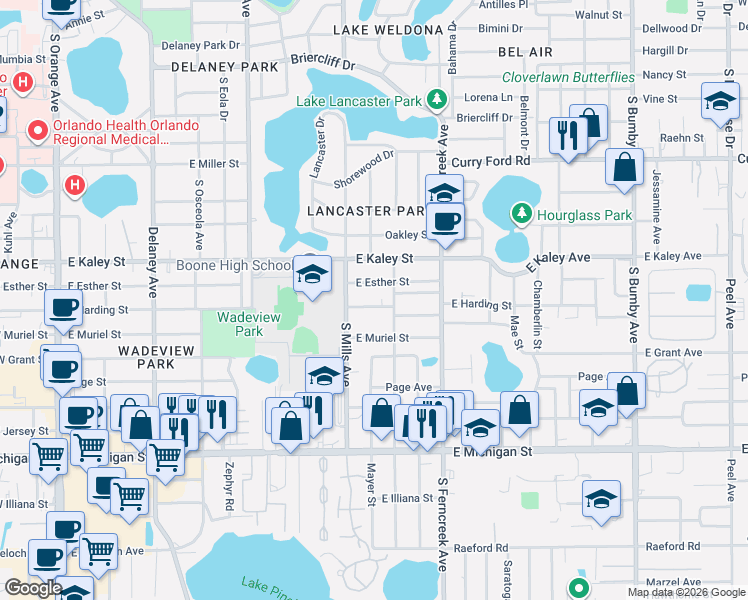 map of restaurants, bars, coffee shops, grocery stores, and more near 1307 East Esther Street in Orlando