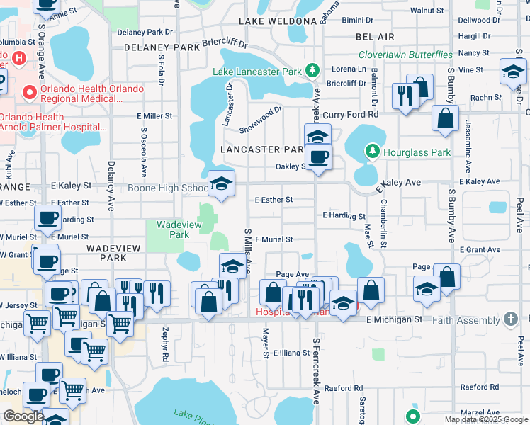 map of restaurants, bars, coffee shops, grocery stores, and more near 1307 East Esther Street in Orlando