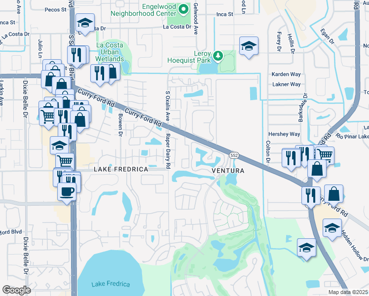 map of restaurants, bars, coffee shops, grocery stores, and more near 6128 Curry Ford Road in Orlando