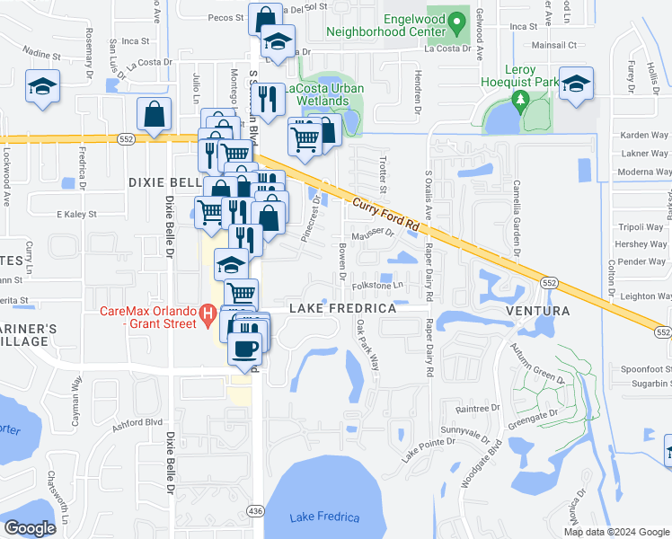 map of restaurants, bars, coffee shops, grocery stores, and more near 2060 Bowen Drive in Orlando