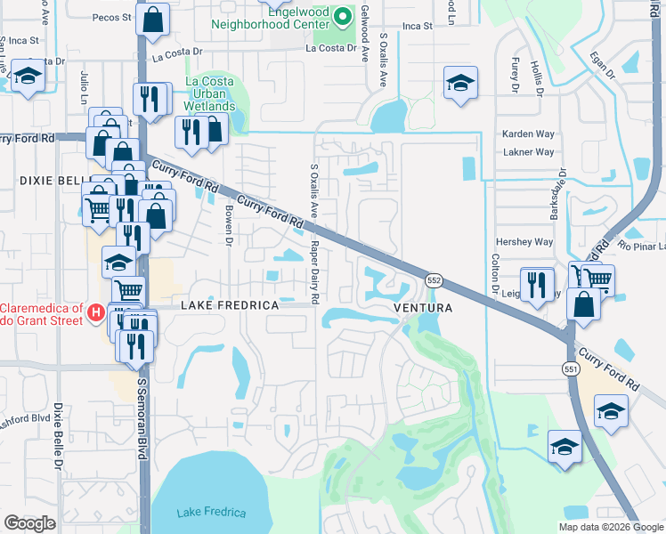 map of restaurants, bars, coffee shops, grocery stores, and more near 2143 Raper Dairy Road in Orlando