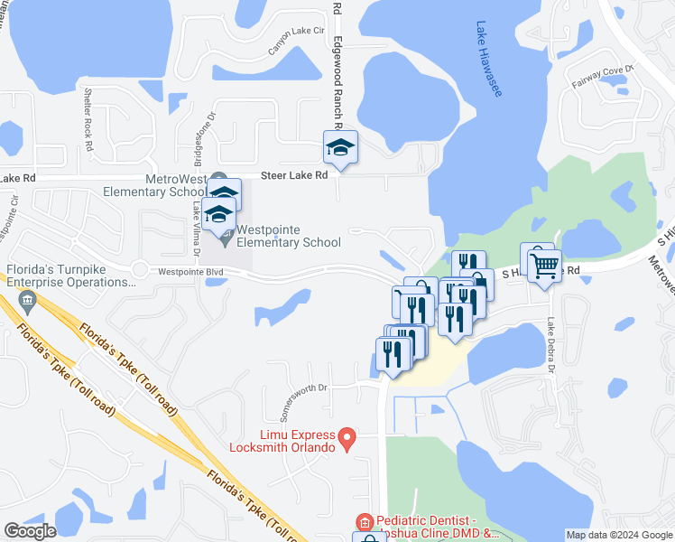 map of restaurants, bars, coffee shops, grocery stores, and more near 7284 Hawksnest Boulevard in Orlando