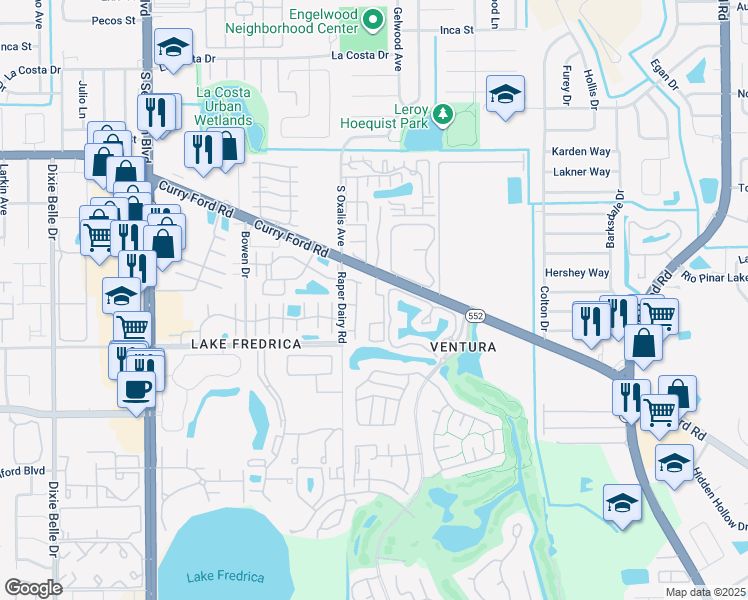 map of restaurants, bars, coffee shops, grocery stores, and more near 6128 Curry Ford Road in Orlando