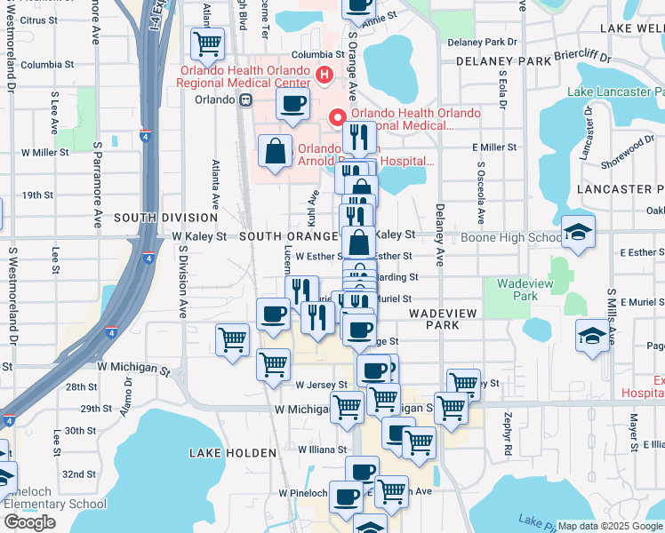 map of restaurants, bars, coffee shops, grocery stores, and more near 51 West Esther Street in Orlando