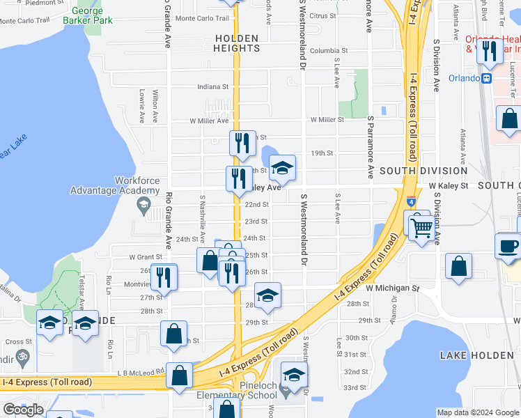 map of restaurants, bars, coffee shops, grocery stores, and more near 1225 22nd Street in Orlando