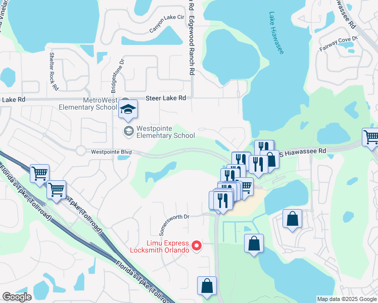 map of restaurants, bars, coffee shops, grocery stores, and more near 7301 Westpointe Boulevard in Orlando