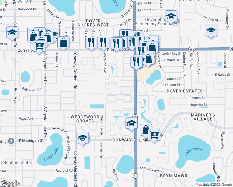map of restaurants, bars, coffee shops, grocery stores, and more near 1932 South Conway Road in Orlando