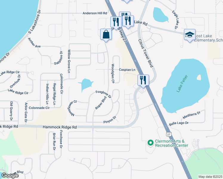 map of restaurants, bars, coffee shops, grocery stores, and more near 12049 Woodglen Circle in Clermont