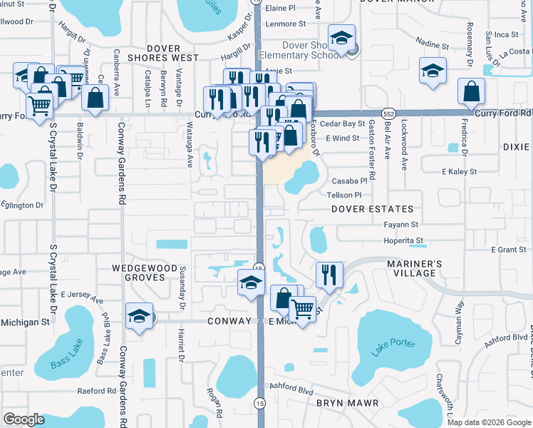 map of restaurants, bars, coffee shops, grocery stores, and more near 1935 South Conway Road in Orlando