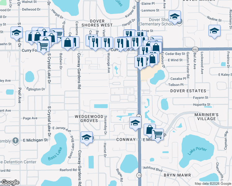 map of restaurants, bars, coffee shops, grocery stores, and more near 1940 South Conway Road in Orlando