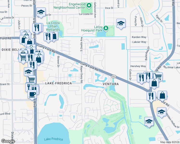 map of restaurants, bars, coffee shops, grocery stores, and more near 6128 Curry Ford Road in Orlando