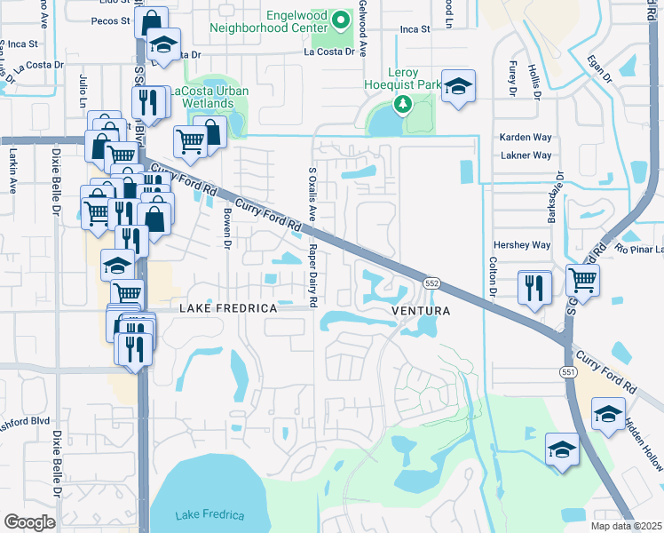 map of restaurants, bars, coffee shops, grocery stores, and more near 2083 Raper Dairy Road in Orlando