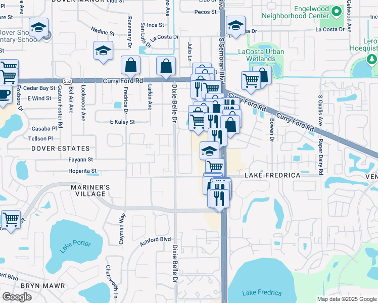 map of restaurants, bars, coffee shops, grocery stores, and more near 2025 Dixie Belle Drive in Orlando