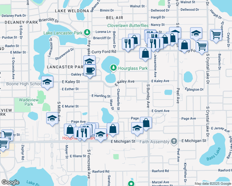 map of restaurants, bars, coffee shops, grocery stores, and more near 1901 Chamberlin Street in Orlando