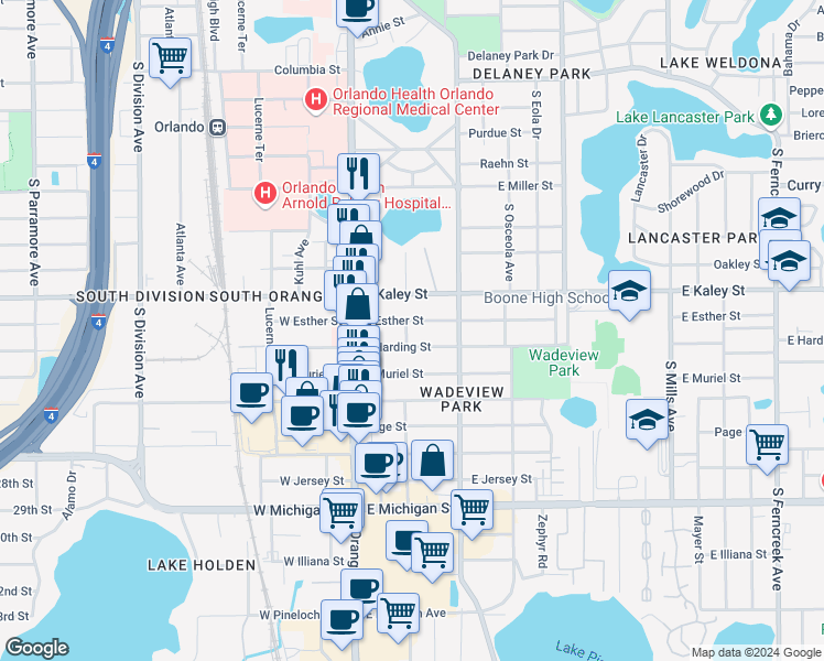 map of restaurants, bars, coffee shops, grocery stores, and more near 217 East Esther Street in Orlando