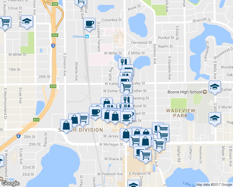 map of restaurants, bars, coffee shops, grocery stores, and more near 47 West Esther Street in Orlando
