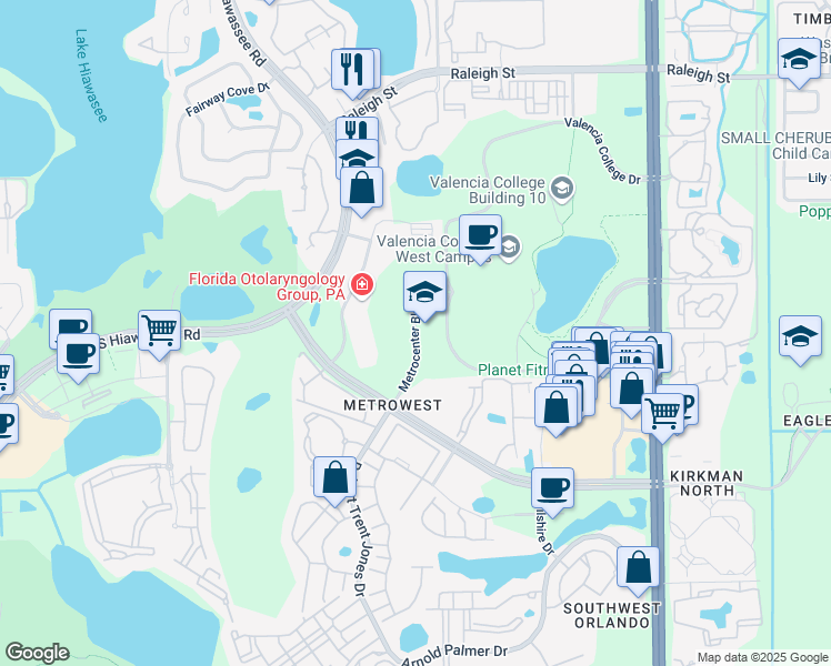 map of restaurants, bars, coffee shops, grocery stores, and more near 2145 Metrocenter Boulevard in Orlando