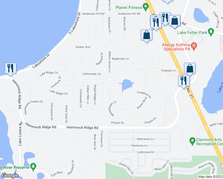 map of restaurants, bars, coffee shops, grocery stores, and more near 11736 Chapelle Court in Clermont