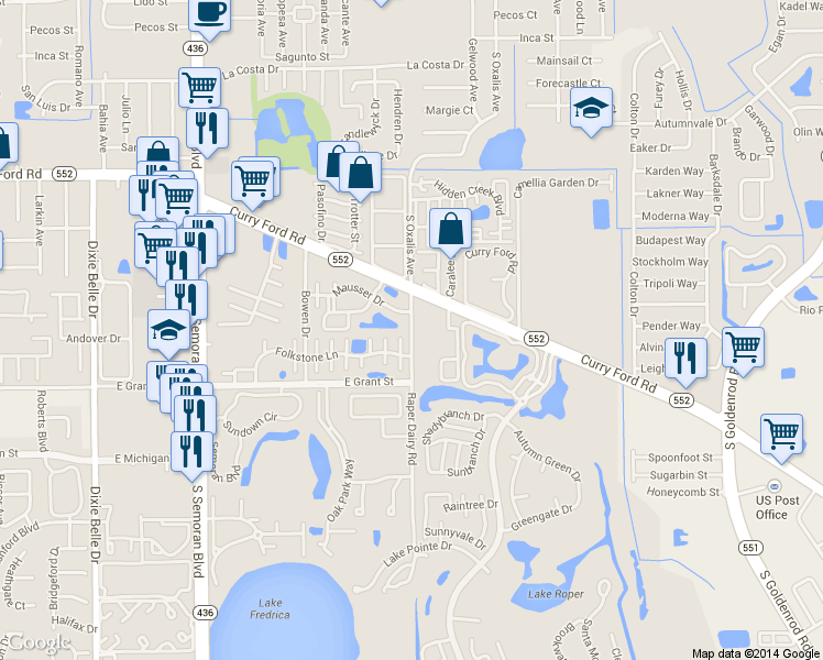 map of restaurants, bars, coffee shops, grocery stores, and more near 2143 Raper Dairy Road in Orlando