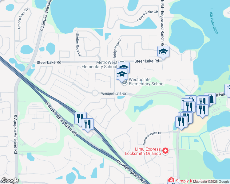 map of restaurants, bars, coffee shops, grocery stores, and more near 1423 Westpointe Boulevard in Orlando