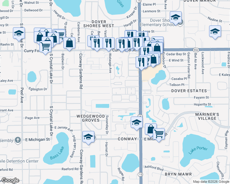 map of restaurants, bars, coffee shops, grocery stores, and more near 1942 South Conway Road in Orlando