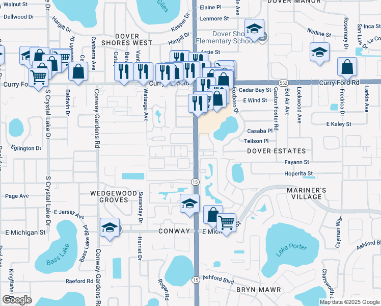 map of restaurants, bars, coffee shops, grocery stores, and more near 1916 South Conway Road in Orlando