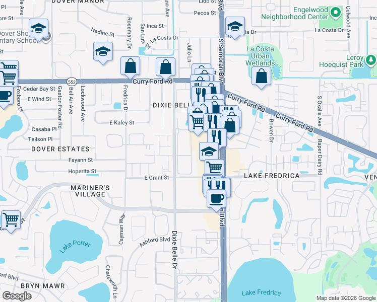 map of restaurants, bars, coffee shops, grocery stores, and more near 2025 Dixie Belle Drive in Orlando