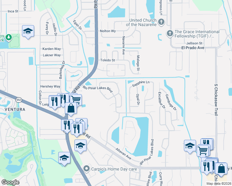 map of restaurants, bars, coffee shops, grocery stores, and more near 7545 Rio Pinar Lakes Boulevard in Orlando