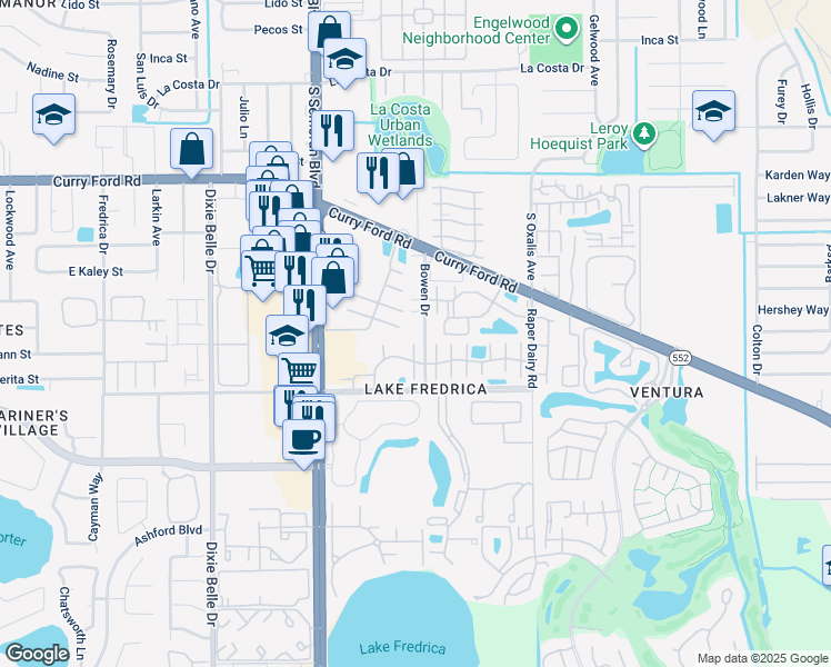 map of restaurants, bars, coffee shops, grocery stores, and more near 2025 Bowen Drive in Orlando