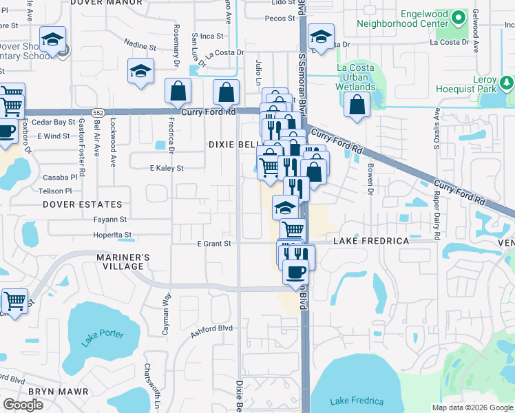 map of restaurants, bars, coffee shops, grocery stores, and more near 2025 Dixie Belle Drive in Orlando