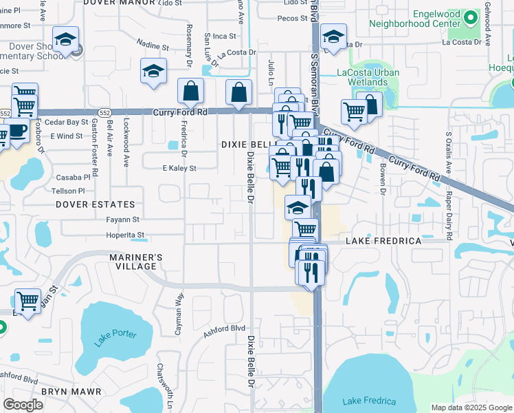 map of restaurants, bars, coffee shops, grocery stores, and more near 2025 Dixie Belle Drive in Orlando