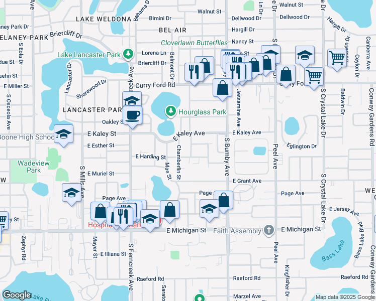 map of restaurants, bars, coffee shops, grocery stores, and more near 1901 Chamberlin Street in Orlando
