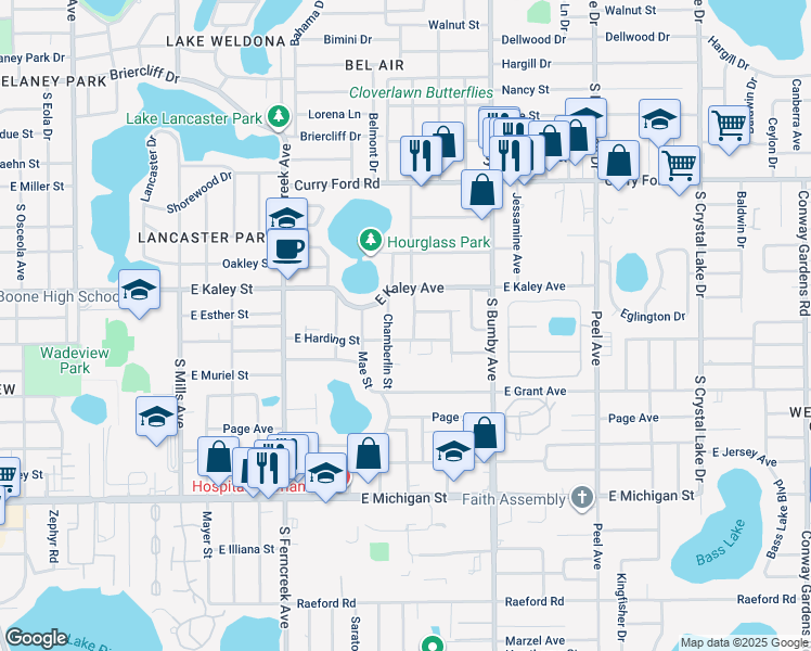 map of restaurants, bars, coffee shops, grocery stores, and more near 1901 Chamberlin Street in Orlando