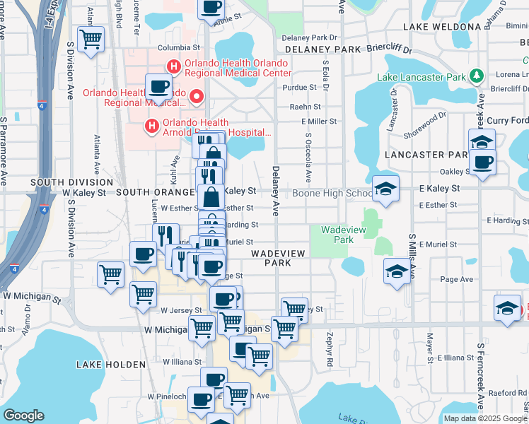 map of restaurants, bars, coffee shops, grocery stores, and more near 217 East Esther Street in Orlando