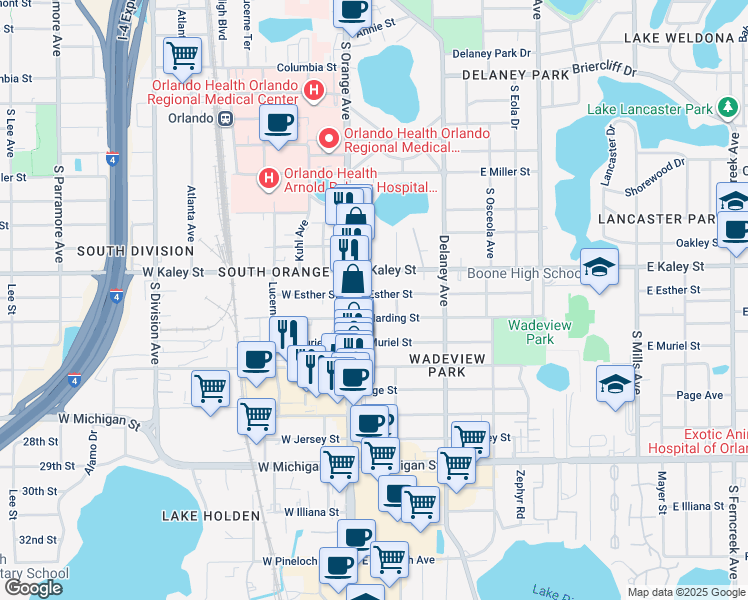 map of restaurants, bars, coffee shops, grocery stores, and more near 139 East Esther Street in Orlando