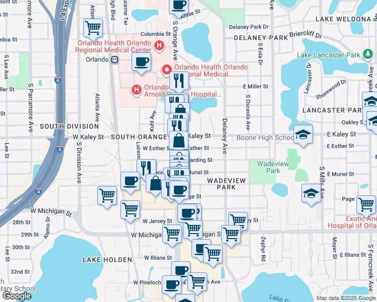 map of restaurants, bars, coffee shops, grocery stores, and more near 139 East Esther Street in Orlando
