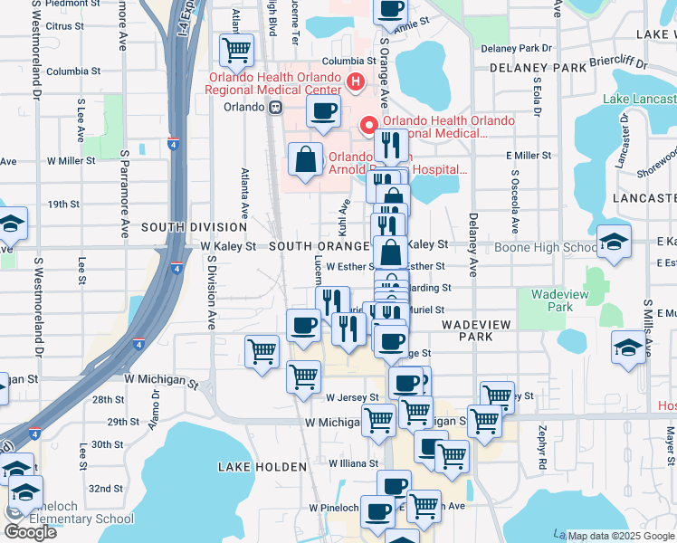 map of restaurants, bars, coffee shops, grocery stores, and more near 51 West Esther Street in Orlando