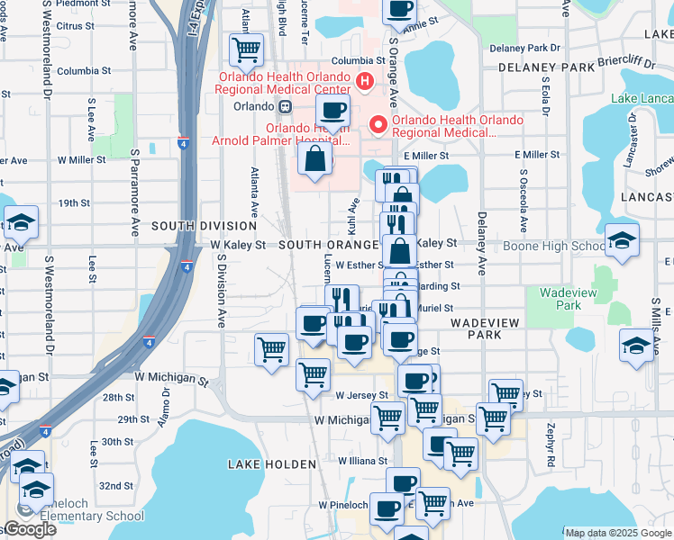map of restaurants, bars, coffee shops, grocery stores, and more near 111 West Esther Street in Orlando
