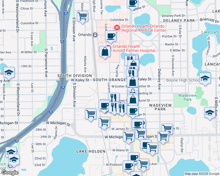 map of restaurants, bars, coffee shops, grocery stores, and more near 111 West Esther Street in Orlando
