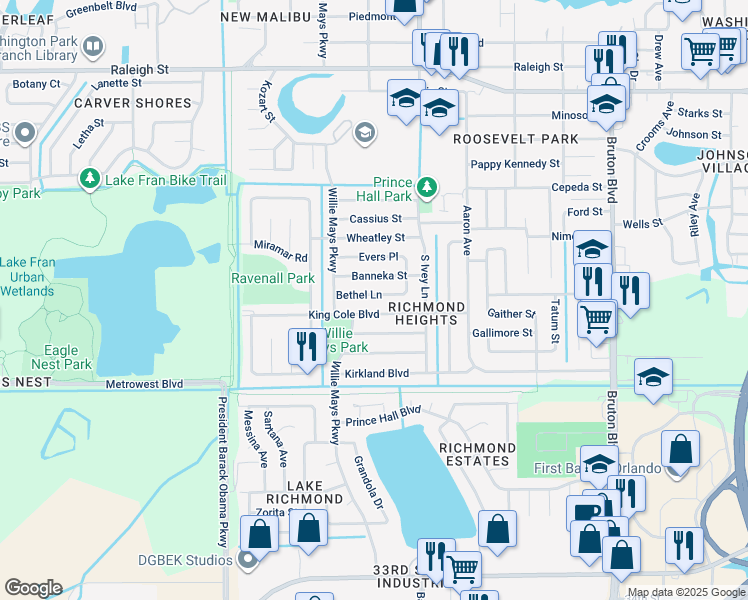map of restaurants, bars, coffee shops, grocery stores, and more near 4505 Weldon Place in Orlando