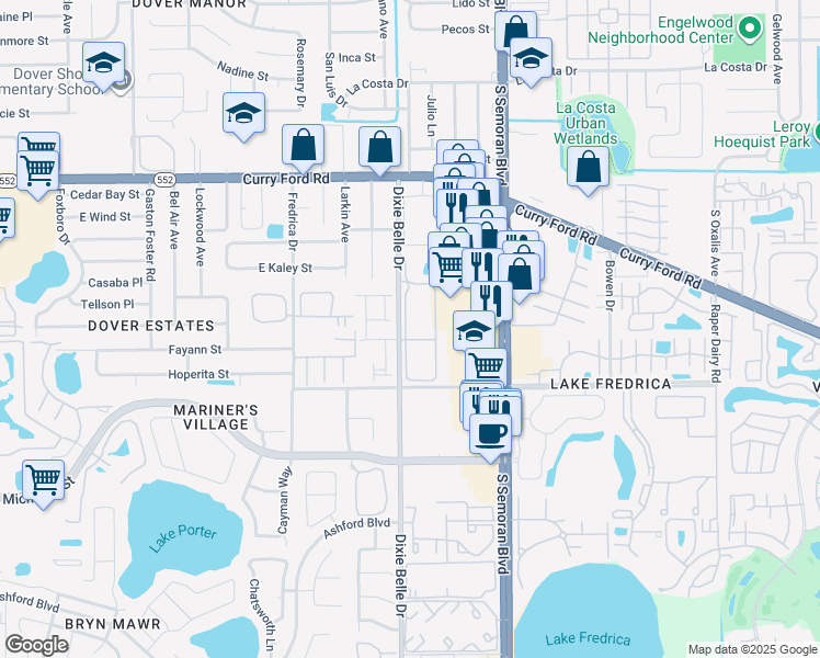 map of restaurants, bars, coffee shops, grocery stores, and more near 2025 Dixie Belle Drive in Orlando